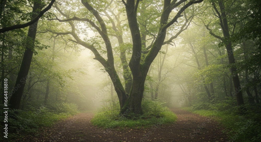 Fototapeta premium Mystical forest path with atmospheric fog and lush green trees, evokes peace and serenity