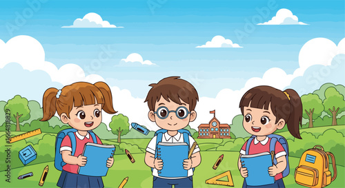 Cartoon Students Group Enjoys Learning Together on a Beautiful Day at School in Nature Landscape Background and Blue Sky with Clouds illustration