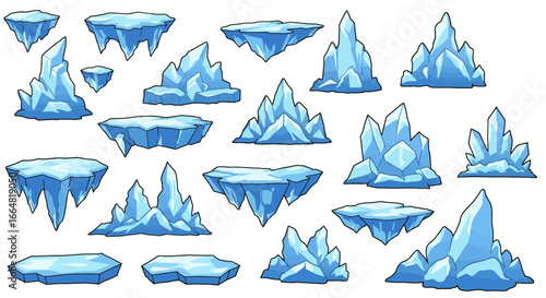A Collection of Various Frozen Ice Platforms and Crystalline Ice Formations Perfect for Winter Themed Game Environments and Fantasy Settings