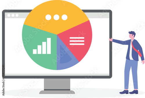 Flat illustration of businessman expert explain pie chart on video media player and online tutorial training course business strategy education clip
