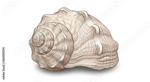 A detailed illustration of a conch shell, showcasing its intricate spiral structure and texture.