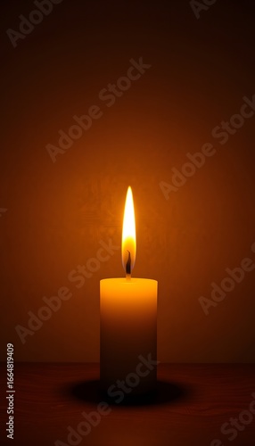 Glowing candle on dark wood illuminates serenity and warm mood