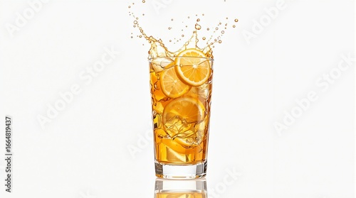 Explosive Citrus Splash in a Tall Glass of Iced Tea, Frozen in Motion on a White Background.