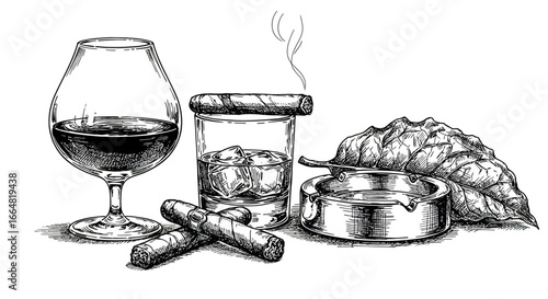 A sophisticated evening enjoying a fine alcoholic beverage a premium cigar and the rich aroma of tobacco leaves with a simple ash tray for relaxation and contemplation
