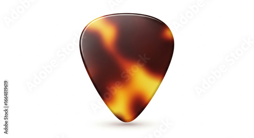 Close-up view of a tortoiseshell patterned guitar pick against a white background.