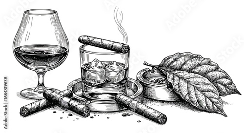 A luxurious indulgence featuring hand-rolled cigars fine amber liquid in a snifter glass chilled spirits with ice in a rocks glass and fresh tobacco leaves artfully arranged on a textured surface