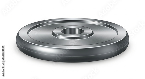 A metallic weight plate isolated on a white background, ready for use in weightlifting.
