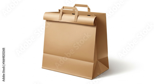 A sturdy brown paper bag with handles, isolated on a white background, ready for carrying items.