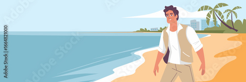 Man in beige beachwear with modern backdrop – Suitable for summer fashion lookbooks, resort lifestyle promotions, or travel-themed media.