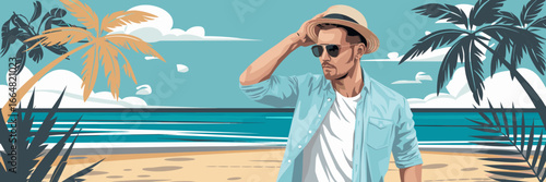 Man at tropical beach in casual summerwear – Great for vacation ads, travel blogs, or summer fashion branding.