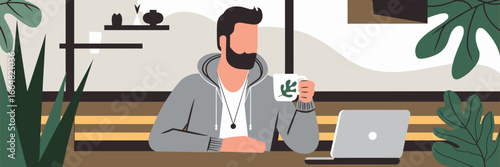 Modern bearded man drinking coffee in a cafe – Great for hip lifestyle brands, digital nomad blogs, or cafe culture promotions.