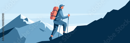 Man hiking mountain trail under clear sky – Great for active lifestyle branding, nature expeditions, or outdoor recreation content