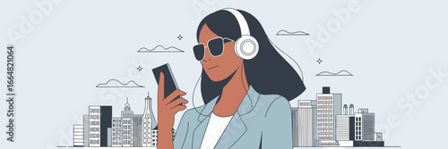 Millennial woman with smartphone and headphones in urban scene – Ideal for minimalist city lifestyle promotions, youth culture, or tech apps