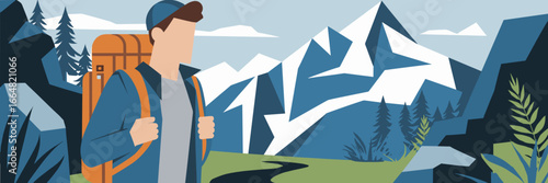 Hiker on snowy mountain trail with backpack – Suitable for fitness content, winter outdoor gear marketing, or travel promotions