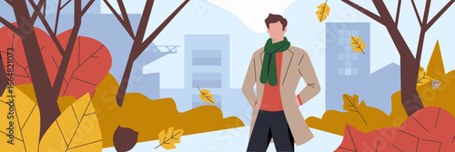 Man standing in autumn park with bare trees – Suitable for fall-themed design, urban fashion content, or seasonal lifestyle branding.