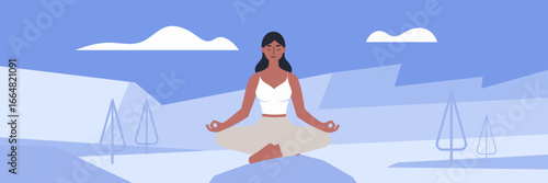 Woman meditating on a rock under blue sky – Ideal for outdoor wellness promotions, self-care campaigns, or spiritual retreat materials.
