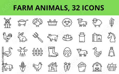 Farm animal 32  icons set with various livestock and farming tools , outline