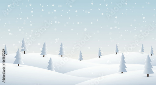 A serene winter landscape with gently falling snow and scattered evergreen trees creating a peaceful and tranquil natural outdoor scene