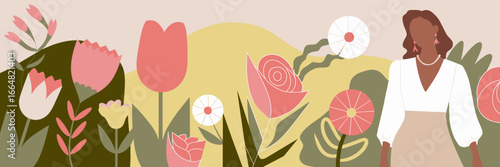 Woman in spring fashion with floral background – Ideal for seasonal branding, fashion campaigns, or botanical-themed content.
