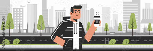 Stylish man with coffee in urban environment – Perfect for city lifestyle campaigns, street fashion, or morning routine branding