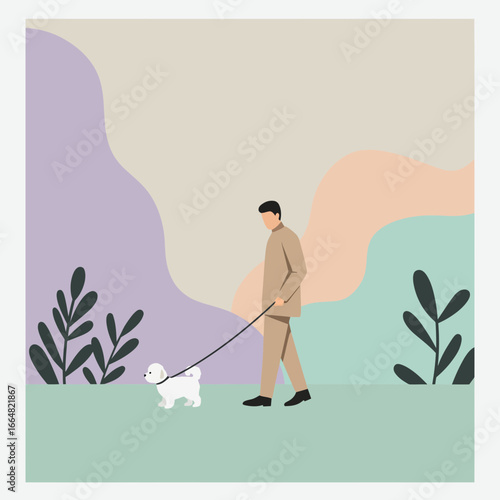 Stylish stroll with adorable puppy, peaceful outdoor scene