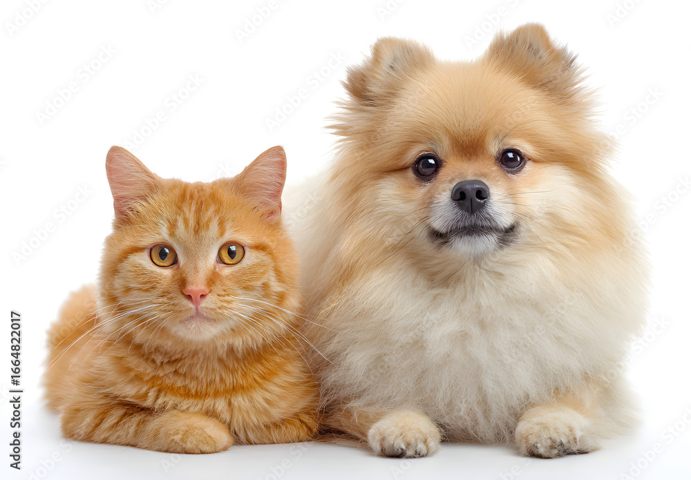 Fototapeta premium orange cat and spitz dog together. looking at camera. isolated