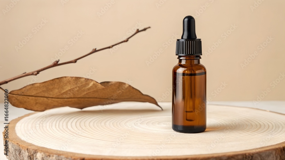 Fototapeta premium Amber glass dropper bottle with natural dried leaf and branch on a wooden slice against a neutral background
