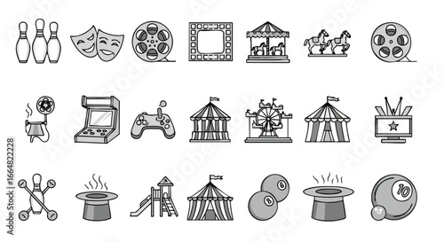 Diverse Entertainment and Recreation Icons Featuring Cinema, Games, and Festive Celebrations Theme