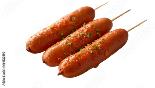 Three grilled sausages on skewers garnished with herbs isolated on transparent background