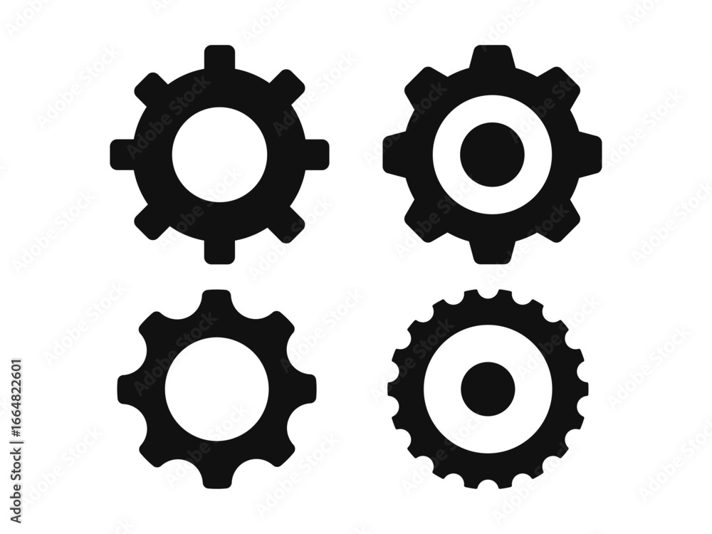 Obraz premium Vector set of black gears in different shapes. Industrial gears illustration.