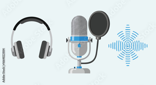 Podcast studio equipment illustration: vintage microphone, headphones and sound waves for creating digital audio content and broadcasts