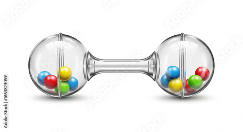 Transparent dumbbell-shaped baby rattle filled with colorful balls.