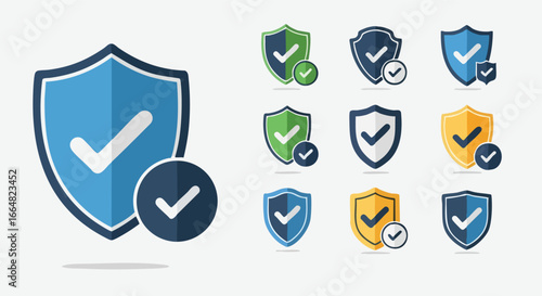 Collection of flat design shields with check marks signifying protection assurance security or validated features, emblem collection, modern