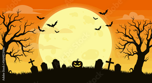 A Spooky Halloween Night with a Giant Full Moon Silhouettes of Dead Trees Bats Flying Over a Graveyard with a Jack-o-lantern Pumpkin Glowing in the Darkness