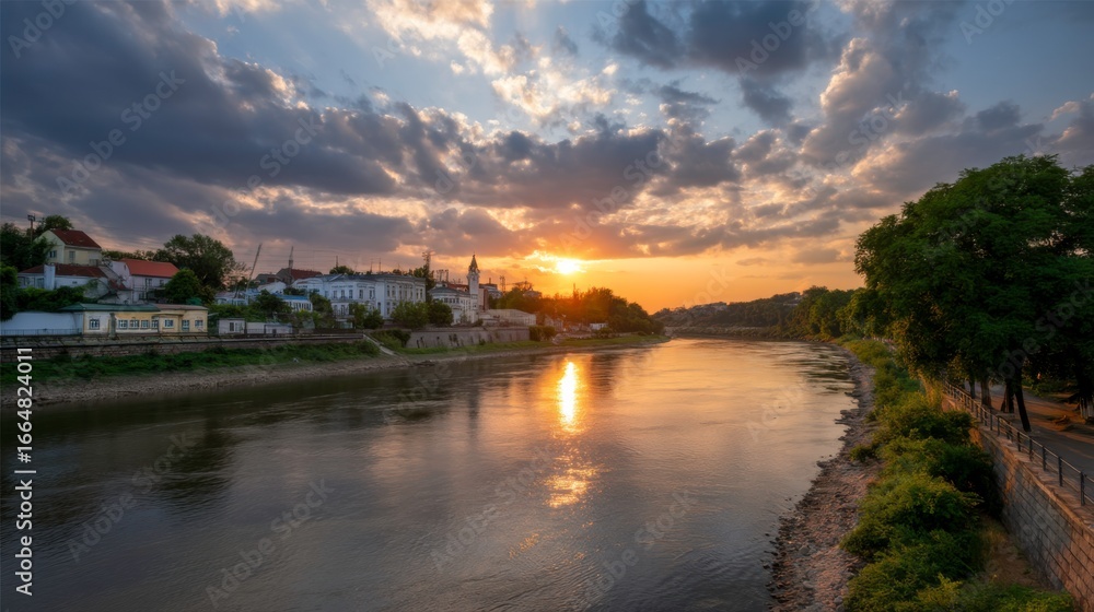 Fototapeta premium Sunset reflection over serene riverbank tranquil landscape photography nature setting peaceful viewpoint