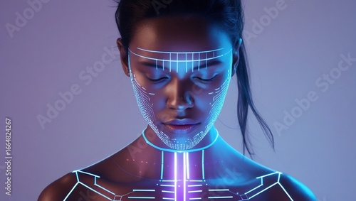Woman with futuristic face scan, and neon light.