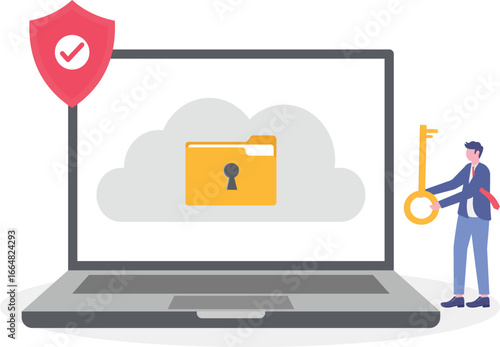 Flat illustration of two people configuring secure cloud storage to ensure data integrity and prevent unauthorized access to online files

