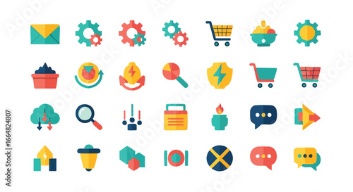 A Curated Collection of Flat Design Icons Representing Diverse Digital and E-commerce Concepts Displayed in a Structured Grid Layout