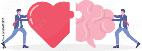 Flat illustration of man connecting heart emotion with logical thinking brain representing emotional intelligence

