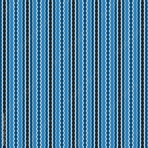 This seamless geometric pattern features abstract vertical stripes with fine zigzag and wavy lines, creating a classic, linear texture in a monochromatic blue palette