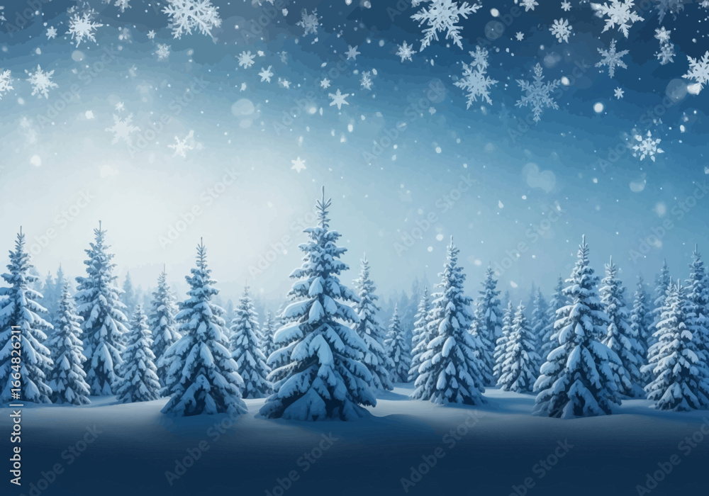 Naklejka premium A Beautiful Snowy Winter Forest Scene with Falling Snowflakes and Snow Covered Evergreen Trees