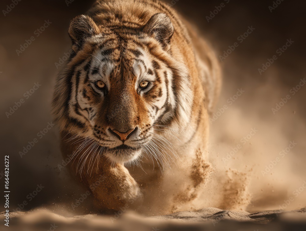 Naklejka premium Tiger runs swiftly through dusty terrain in a dramatic display of agility and power during golden hour light
