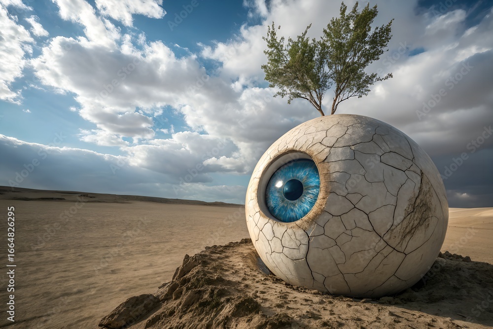 Obraz premium Surreal Giant Blue Eye with a Tree Growing from It Sits in a Vast Desert Landscape Under a Dramatic Sky