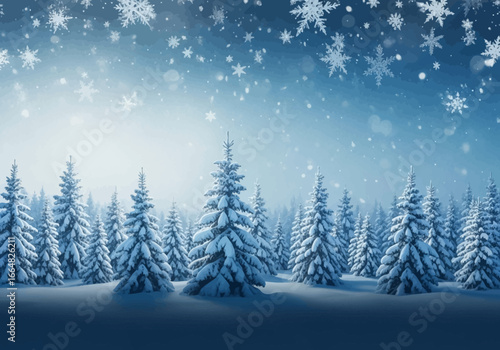 A Beautiful Snowy Winter Forest Scene with Falling Snowflakes and Snow Covered Evergreen Trees