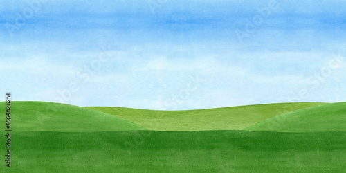 Green fields with blue sky landscape watercolor seamless border. Hand drawn meadows, hills with grass background illustration. Clear summer day for design postcards, banner, website, packaging.