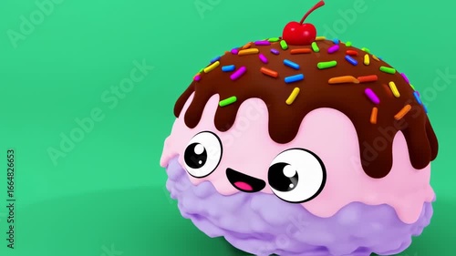 Adorable Kawaii Ice Cream Sundae Character with Chocolate Drizzle and Sprinkles Dances Joyfully