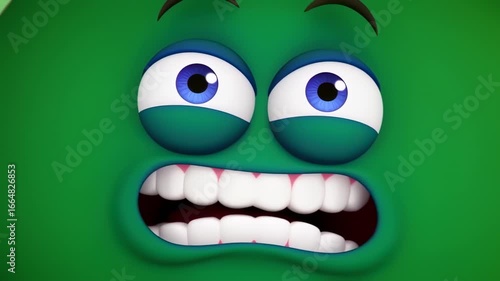 Vibrant Animated Green Cartoon Face Expressing Exaggerated Shock and Wide-Eyed Surprise