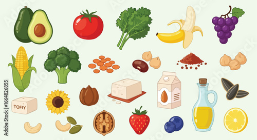Collection of cartoon-style vegan food ingredients for healthy eating and plant based diet promotion illustrating fresh produce and staples,