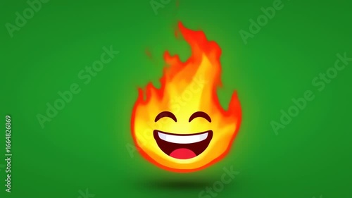 Animated Fire Emoji with a Cheerful Smile on Green Background - Dynamic Graphic