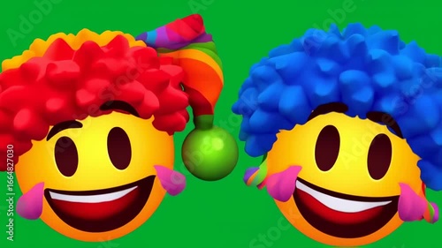 Joyful Clown Emojis with Vibrant Wigs and Cheerful Expressions on Green Screen Background